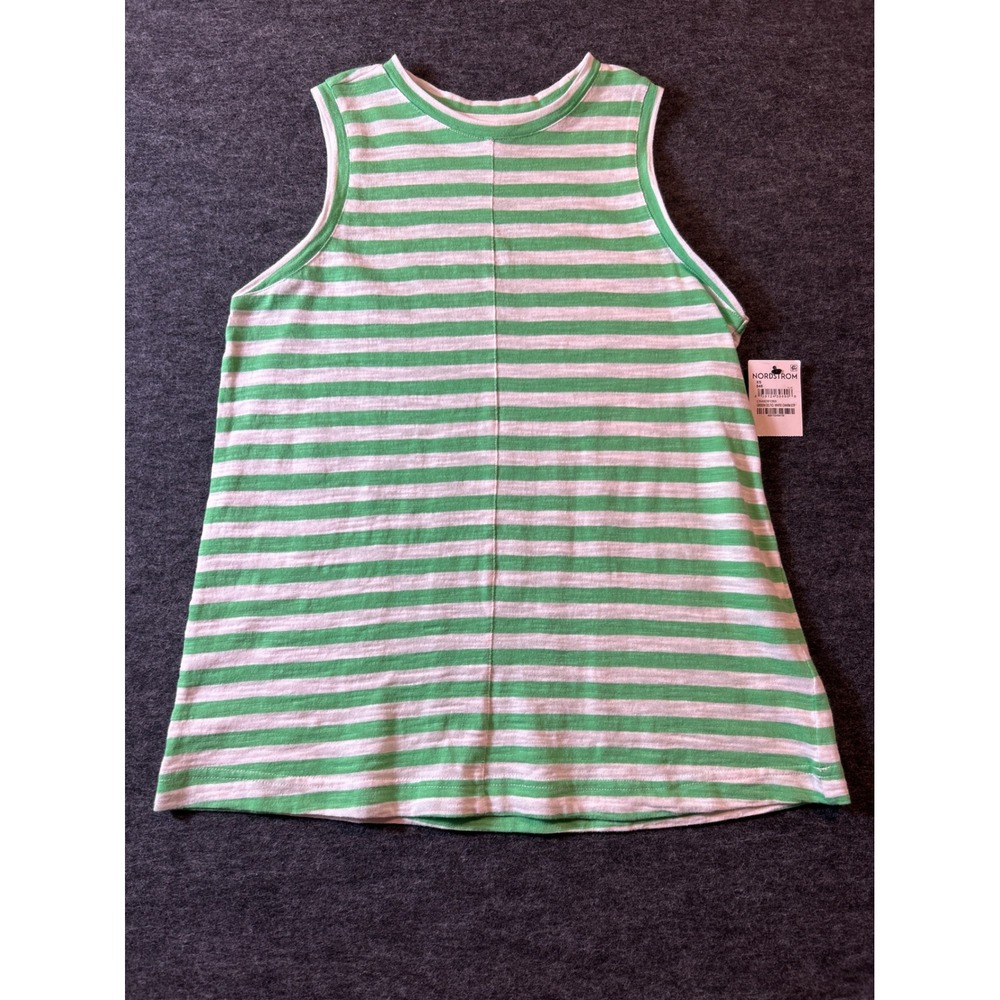 Caslon Striped Tank Top Women XS Green White Knit Crew Neck Layering Casual